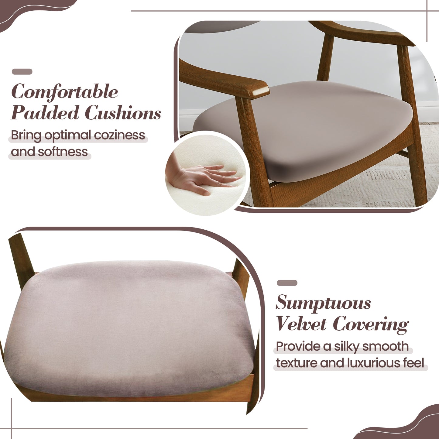 Modern Wood Dining Chairs with Velvet Upholstery and Curved Back Grey Set of 2