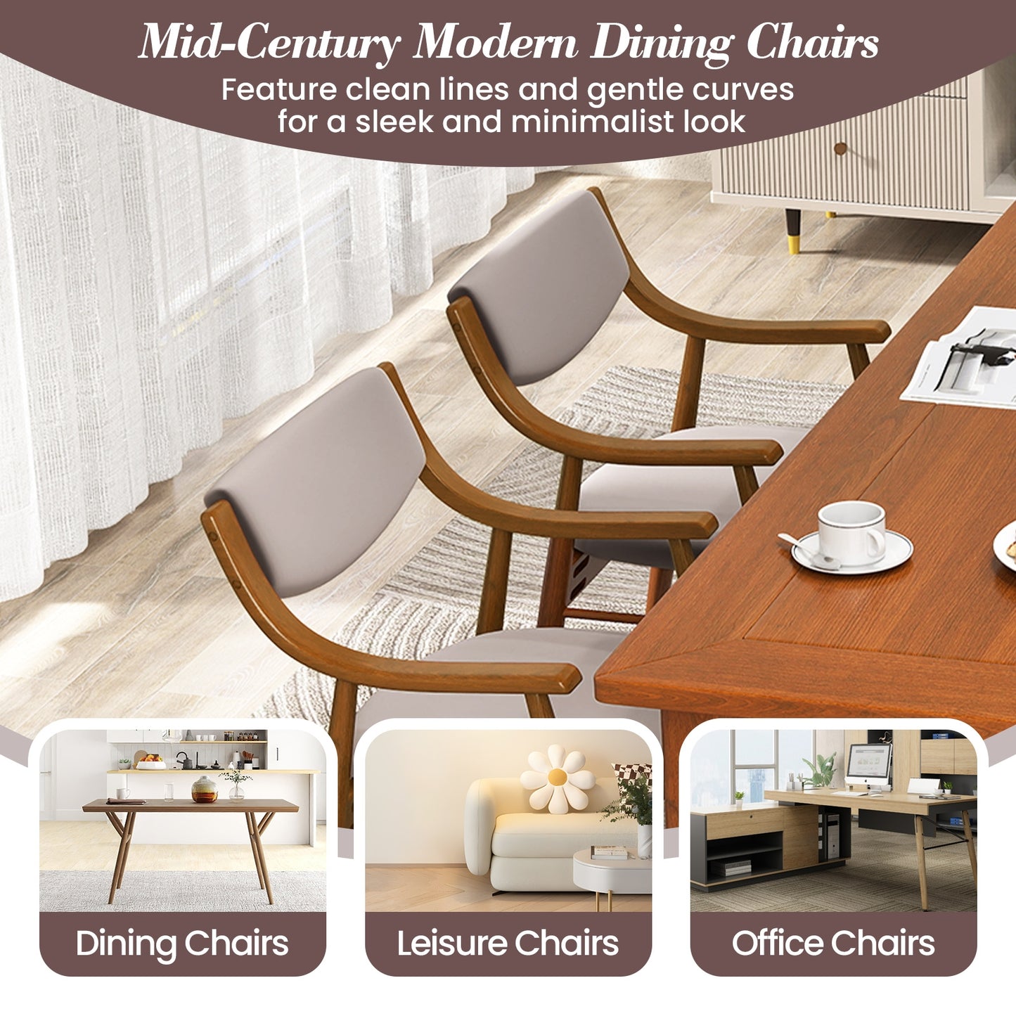 Modern Wood Dining Chairs with Velvet Upholstery and Curved Back Grey Set of 2