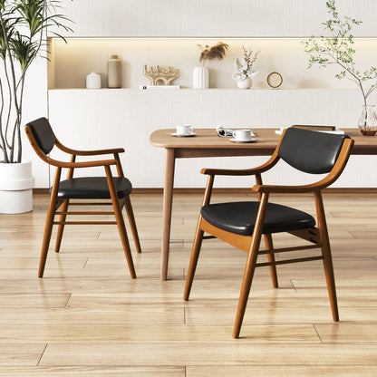 Modern Wood Dining Chairs with PU Leather Upholstery and Curved Back Black Set of 2