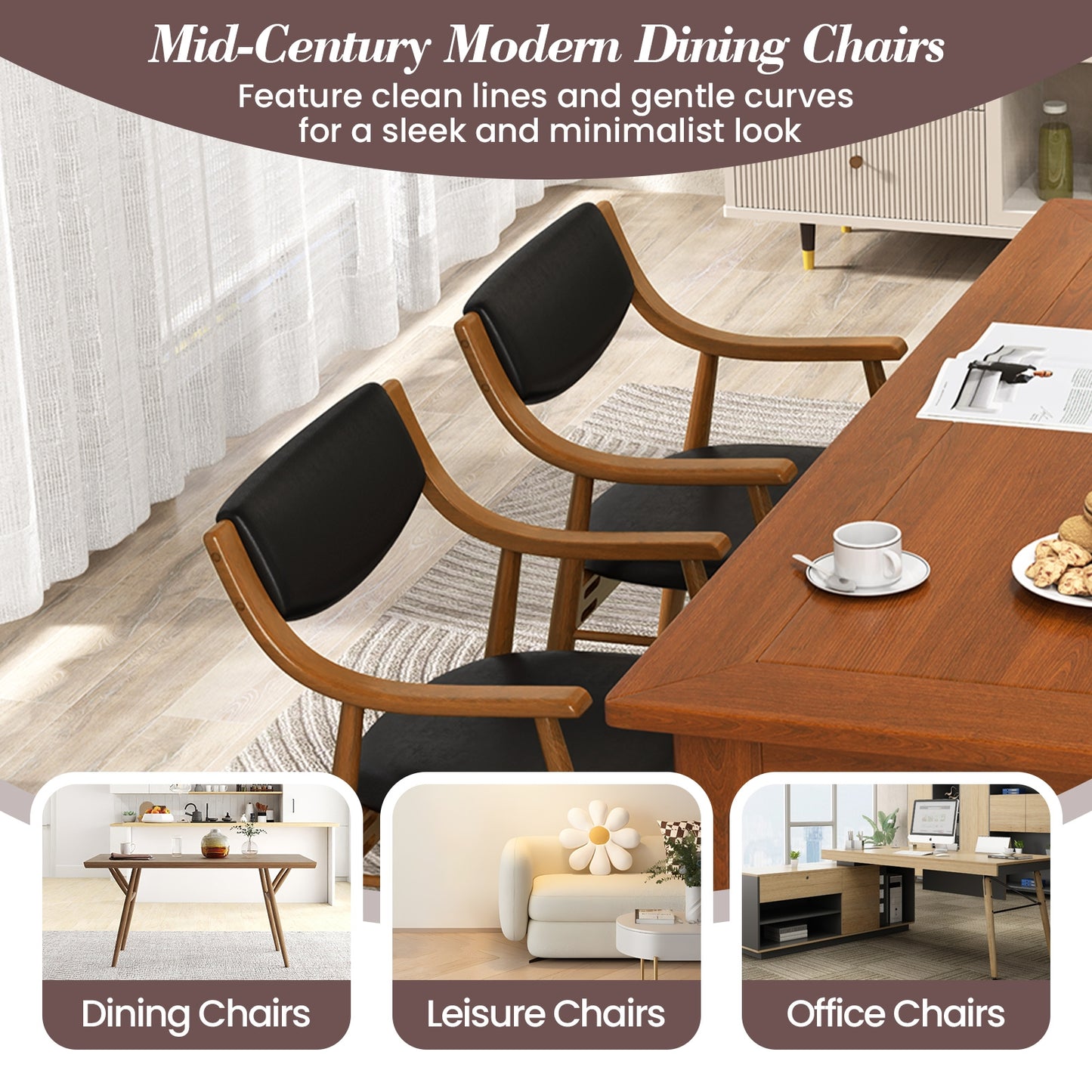 Modern Wood Dining Chairs with PU Leather Upholstery and Curved Back Black Set of 2