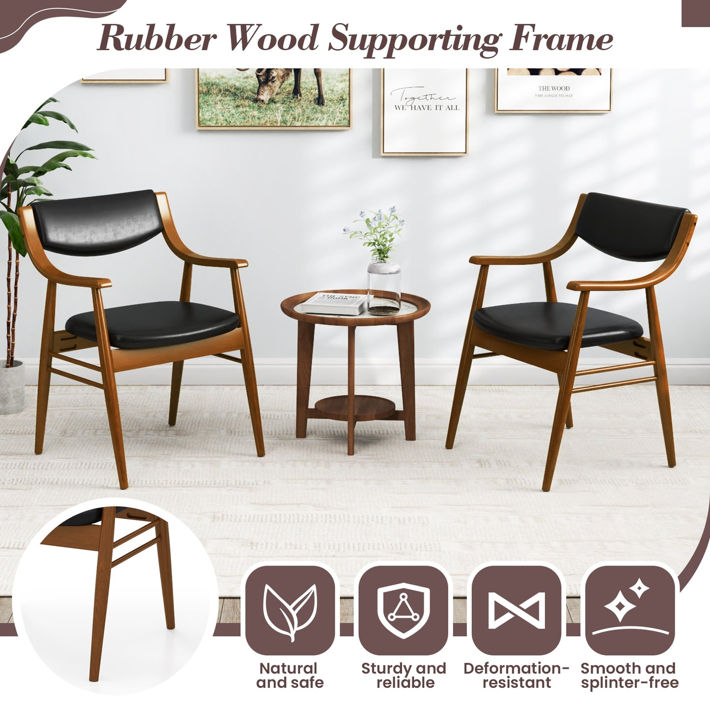 Modern Wood Dining Chairs with PU Leather Upholstery and Curved Back Black Set of 2