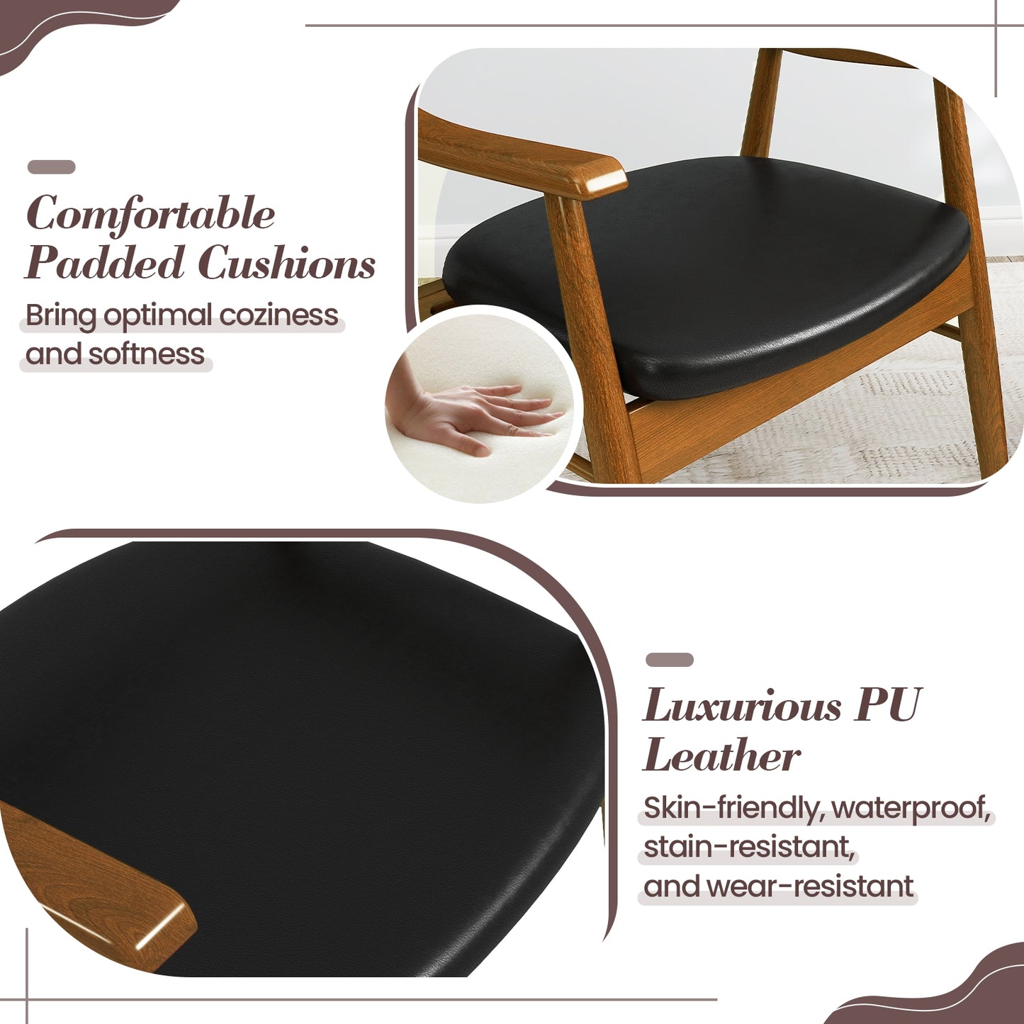 Modern Wood Dining Chairs with PU Leather Upholstery and Curved Back Black Set of 2