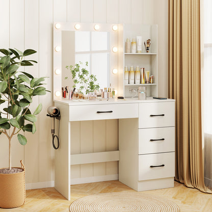 White Makeup Vanity with Mirror, Adjustable LED Lights, Charging Ports, and Storage Drawers