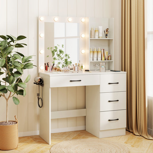White Makeup Vanity with Mirror, Adjustable LED Lights, Charging Ports, and Storage Drawers