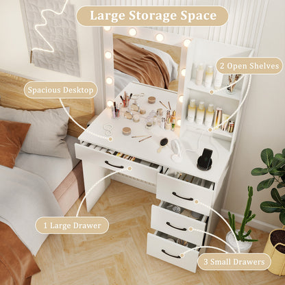 White Makeup Vanity with Mirror, Adjustable LED Lights, Charging Ports, and Storage Drawers