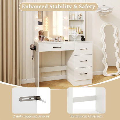 White Makeup Vanity with Mirror, Adjustable LED Lights, Charging Ports, and Storage Drawers