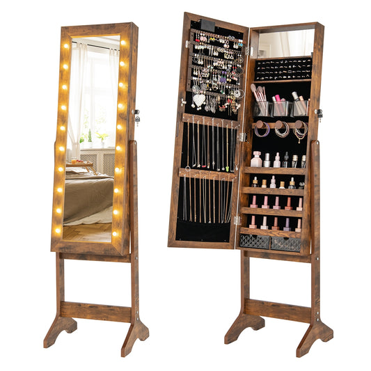 Jewelry Mirror Cabinet with 20 LED Lights, 4 Adjustable Tilt Angles, and Ample Storage – Rustic Brown