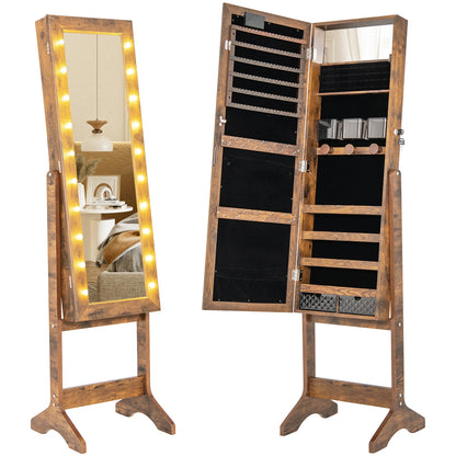 Jewelry Mirror Cabinet with 20 LED Lights, 4 Adjustable Tilt Angles, and Ample Storage – Rustic Brown