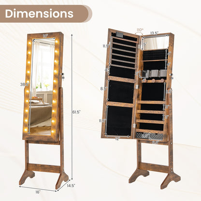 Jewelry Mirror Cabinet with 20 LED Lights, 4 Adjustable Tilt Angles, and Ample Storage – Rustic Brown