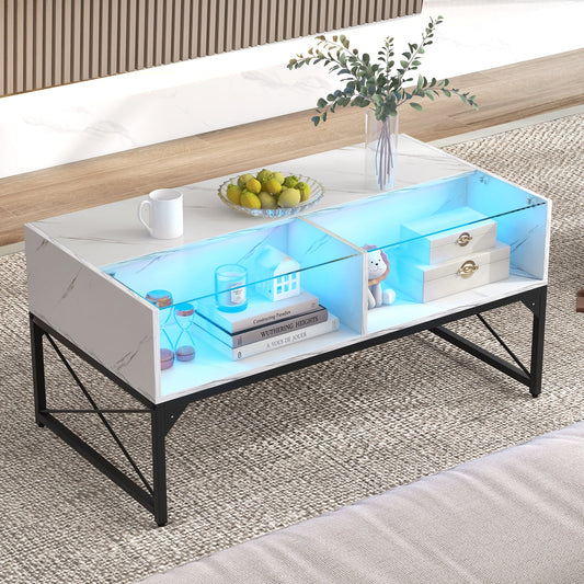 Modern LED Coffee Table with Faux Marble and Tempered Glass Top in White