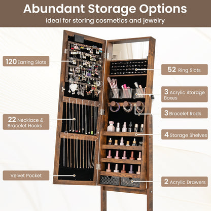 Jewelry Mirror Cabinet with 20 LED Lights, 4 Adjustable Tilt Angles, and Ample Storage – Rustic Brown