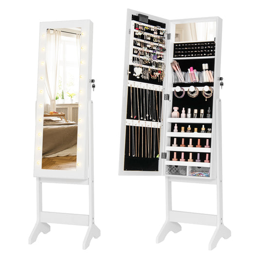 Jewelry Mirror Cabinet with 20 LED Lights, 4 Adjustable Tilt Angles, and Ample Storage – White