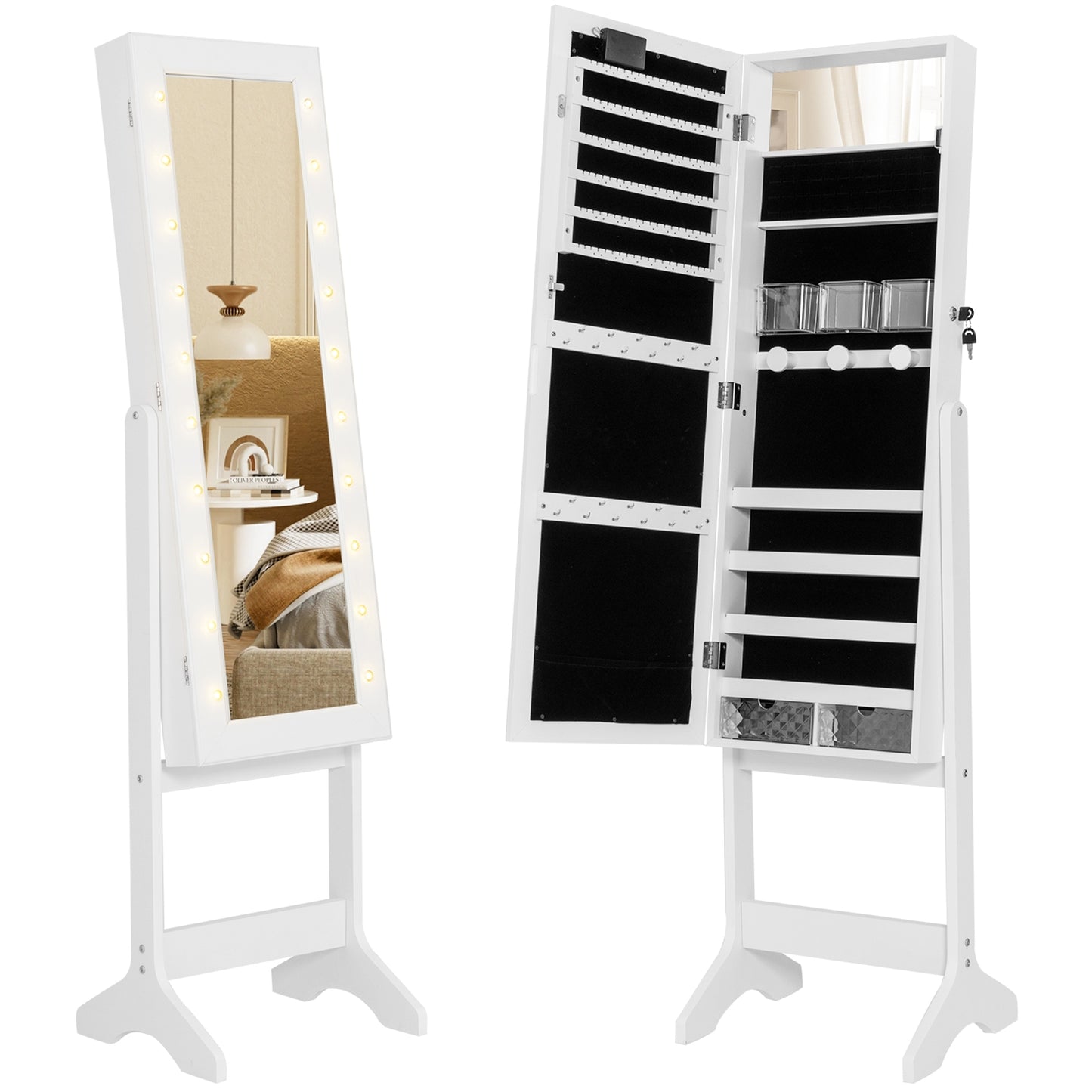 Jewelry Mirror Cabinet with 20 LED Lights, 4 Adjustable Tilt Angles, and Ample Storage – White