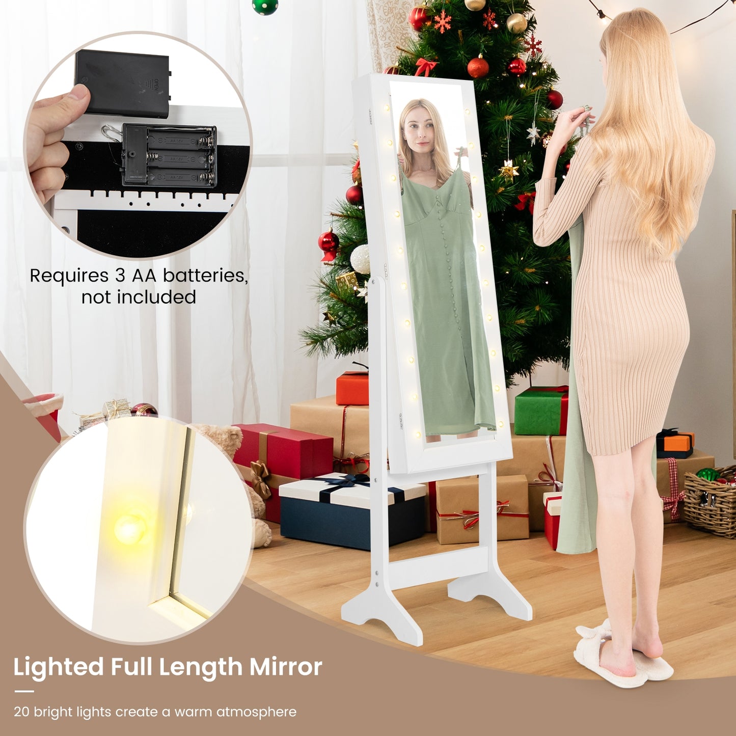 Jewelry Mirror Cabinet with 20 LED Lights, 4 Adjustable Tilt Angles, and Ample Storage – White