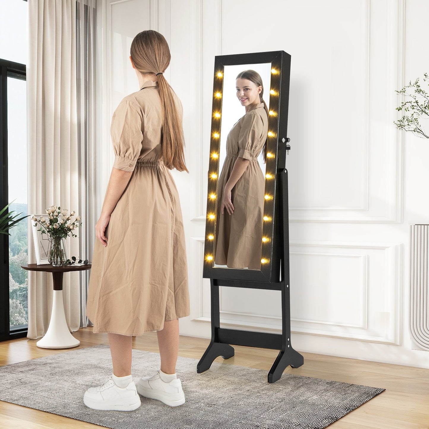 Jewelry Mirror Cabinet with 20 LED Lights, 4 Adjustable Tilt Angles, and Ample Storage – Black