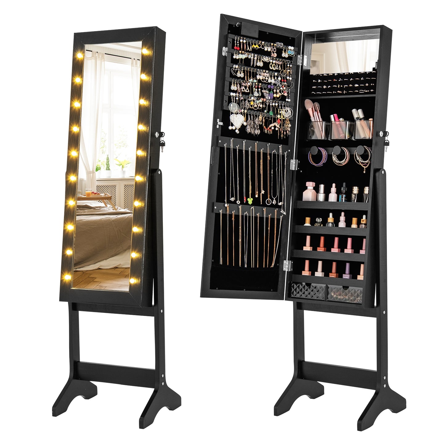 Jewelry Mirror Cabinet with 20 LED Lights, 4 Adjustable Tilt Angles, and Ample Storage – Black