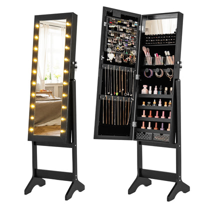 Jewelry Mirror Cabinet with 20 LED Lights, 4 Adjustable Tilt Angles, and Ample Storage – Black