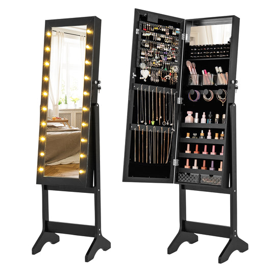 Jewelry Mirror Cabinet with 20 LED Lights, 4 Adjustable Tilt Angles, and Ample Storage – Black