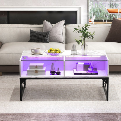 Modern LED Coffee Table with Faux Marble and Tempered Glass Top in White