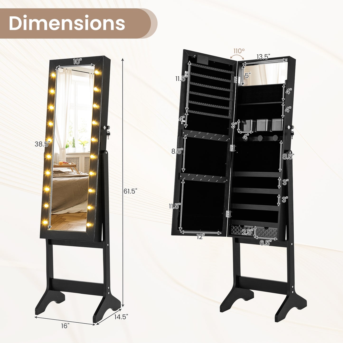 Jewelry Mirror Cabinet with 20 LED Lights, 4 Adjustable Tilt Angles, and Ample Storage – Black