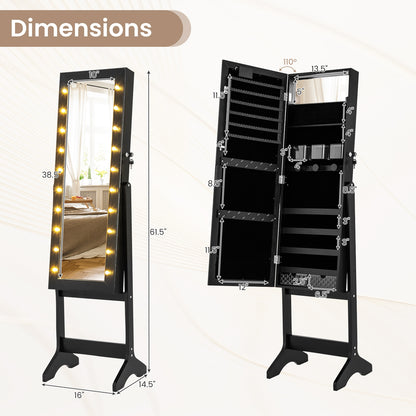 Jewelry Mirror Cabinet with 20 LED Lights, 4 Adjustable Tilt Angles, and Ample Storage – Black