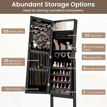 Jewelry Mirror Cabinet with 20 LED Lights, 4 Adjustable Tilt Angles, and Ample Storage – Black