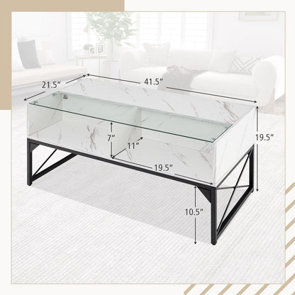 Modern LED Coffee Table with Faux Marble and Tempered Glass Top in White