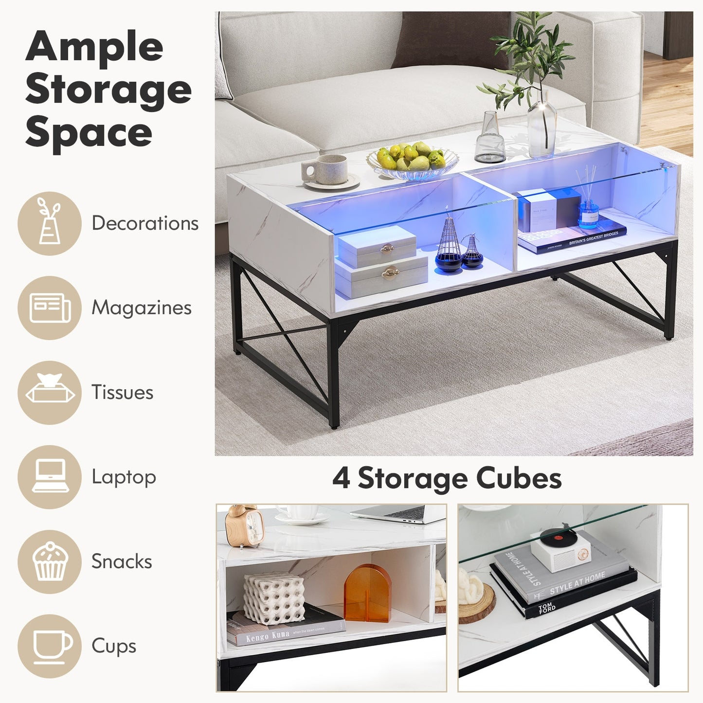 Modern LED Coffee Table with Faux Marble and Tempered Glass Top in White