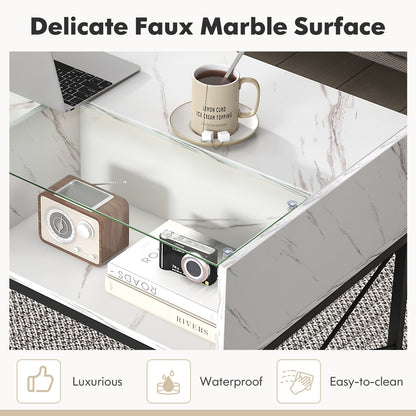 Modern LED Coffee Table with Faux Marble and Tempered Glass Top in White