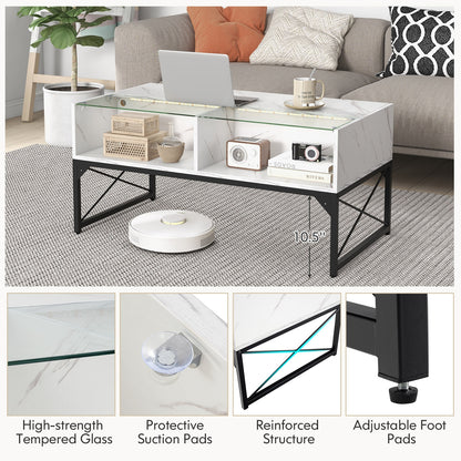 Modern LED Coffee Table with Faux Marble and Tempered Glass Top in White