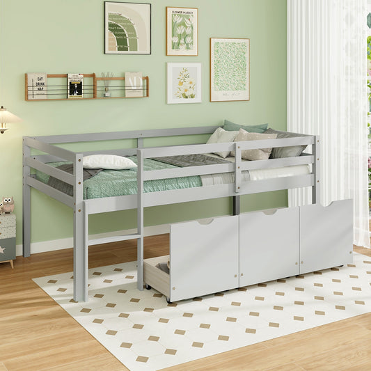 Kids Twin Low Loft Bed with 3 Storage Drawers and Safety Guardrails – Grey