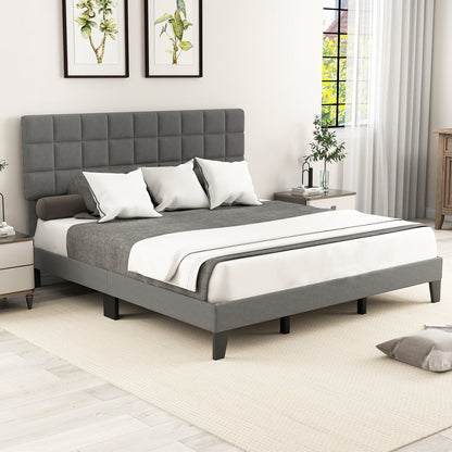 Modern Upholstered Linen Platform Bed Frame with Adjustable Headboard and Wood Slat Support – King Size