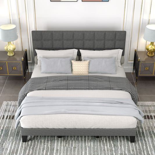 Modern Upholstered Linen Platform Bed Frame with Adjustable Headboard and Wood Slat Support – King Size
