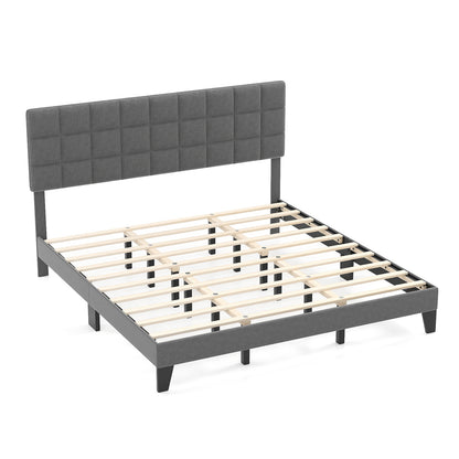 Modern Upholstered Linen Platform Bed Frame with Adjustable Headboard and Wood Slat Support – King Size