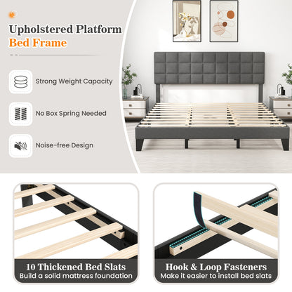 Modern Upholstered Linen Platform Bed Frame with Adjustable Headboard and Wood Slat Support – King Size