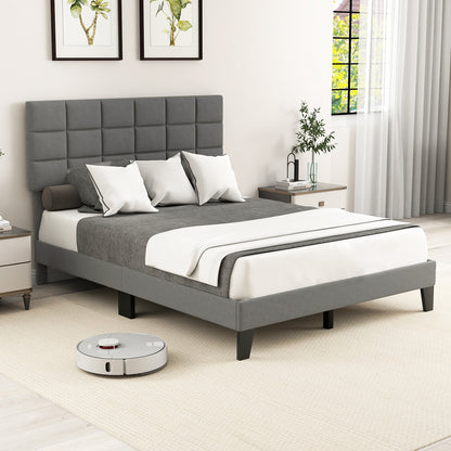 Modern Upholstered Linen Platform Bed Frame with Adjustable Headboard and Wood Slat Support – Queen Size