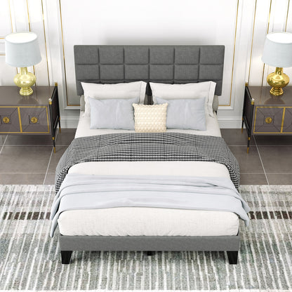 Modern Upholstered Linen Platform Bed Frame with Adjustable Headboard and Wood Slat Support – Queen Size