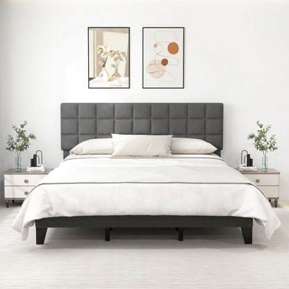 Modern Upholstered Linen Platform Bed Frame with Adjustable Headboard and Wood Slat Support – King Size