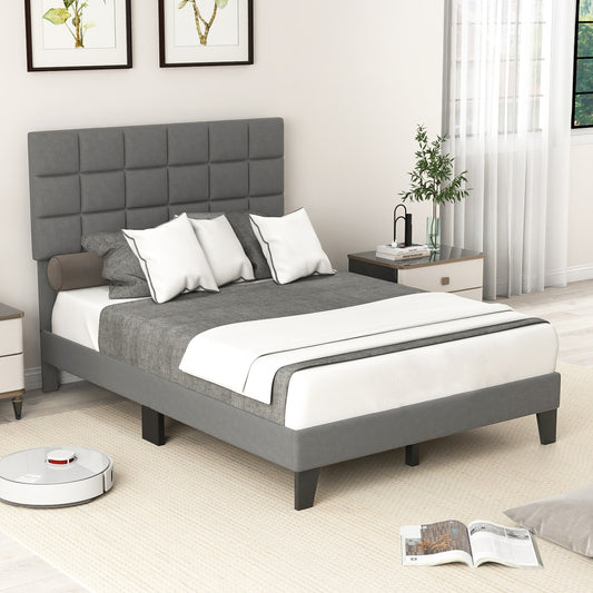Modern Upholstered Linen Platform Bed Frame with Adjustable Headboard and Wood Slat Support – Full Size