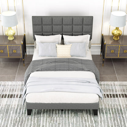 Modern Upholstered Linen Platform Bed Frame with Adjustable Headboard and Wood Slat Support – Full Size