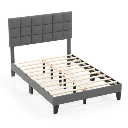 Modern Upholstered Linen Platform Bed Frame with Adjustable Headboard and Wood Slat Support – Full Size