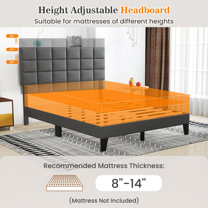 Modern Upholstered Linen Platform Bed Frame with Adjustable Headboard and Wood Slat Support – Queen Size