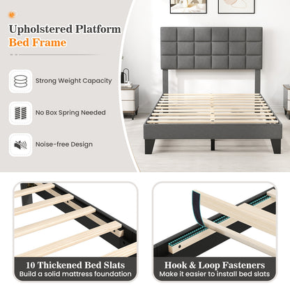 Modern Upholstered Linen Platform Bed Frame with Adjustable Headboard and Wood Slat Support – Full Size