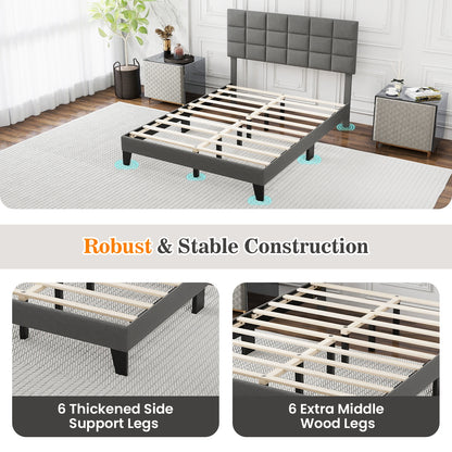 Modern Upholstered Linen Platform Bed Frame with Adjustable Headboard and Wood Slat Support – Queen Size