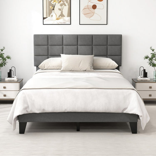 Modern Upholstered Linen Platform Bed Frame with Adjustable Headboard and Wood Slat Support – Queen Size