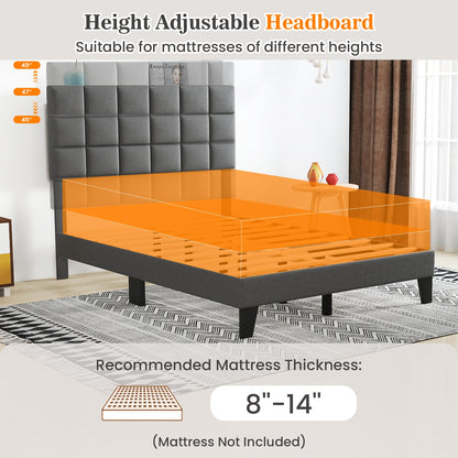 Modern Upholstered Linen Platform Bed Frame with Adjustable Headboard and Wood Slat Support – Full Size