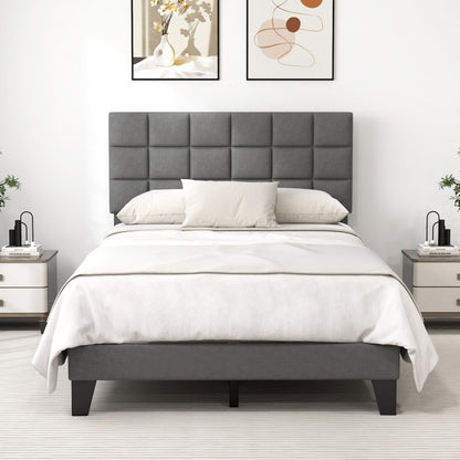 Modern Upholstered Linen Platform Bed Frame with Adjustable Headboard and Wood Slat Support – Full Size