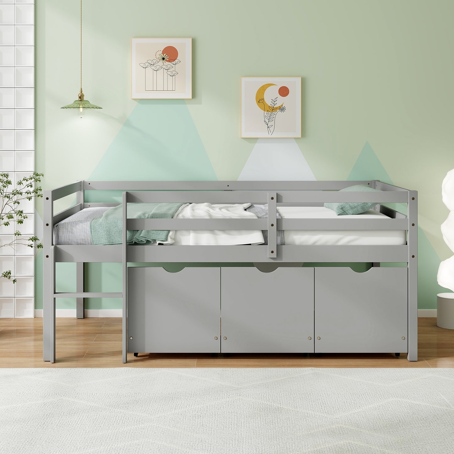 Kids Twin Low Loft Bed with 3 Storage Drawers and Safety Guardrails – Grey