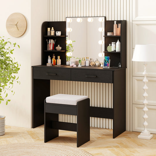 Makeup Vanity with Lighted Mirror, Charging Ports and Stool – Black
