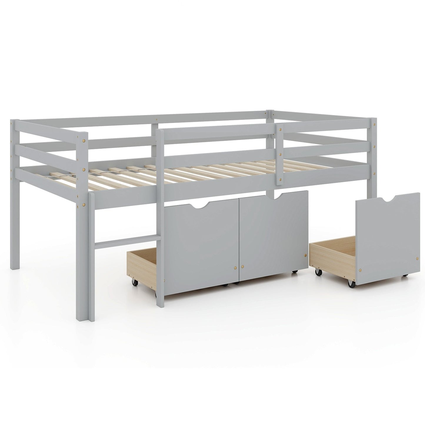 Kids Twin Low Loft Bed with 3 Storage Drawers and Safety Guardrails – Grey